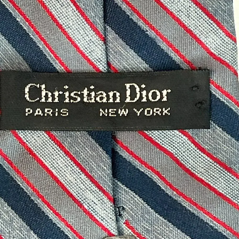 Christian Dior Striped Print Mens Neck Tie Blue Navy Red Woven Made in USA